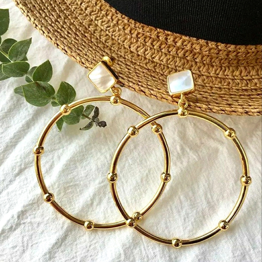 Dangle plated copper hoop earring with .925 sterling posts & natural stone